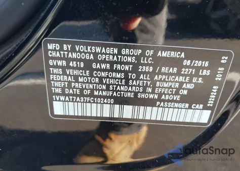 2015 Volkswagen Passat S z USA, uszkodzony, nr VIN 1VWAT7A37FC102400